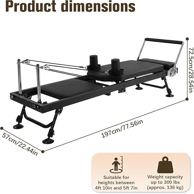 78 in Foldable Pilates Machine with Springs Resistance Pilates Reformer Bed 300 LBS Capacity Smooth Glide Carriage Reformer for Home and Studio Use