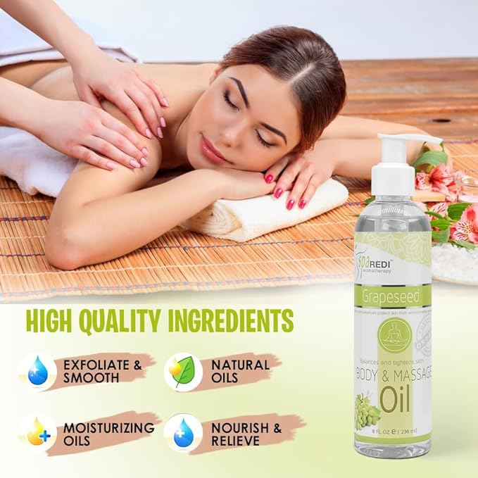 SPA REDI - Massage Oil, Grapeseed, 8 Oz - Professional Full Body Massage Therapy, Manicure, Pedicure - Relax Sore Muscles and Repair Dry Skin, Enhanced with High Absorption Oils and Vitamin E