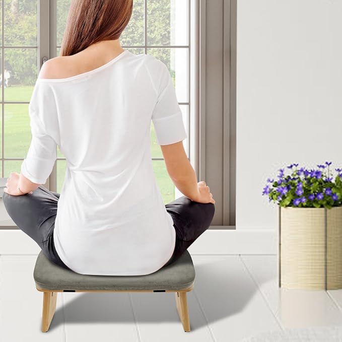 Meditation Ergonomic Bench, Yoga Prayer Meditation Bench with Soft Cushion, Yoga Bench Kneeling Stool Prayer Bench, Foldable Prayer Chair for Kneeling Sitting Prayer Extended Practice (Grey)