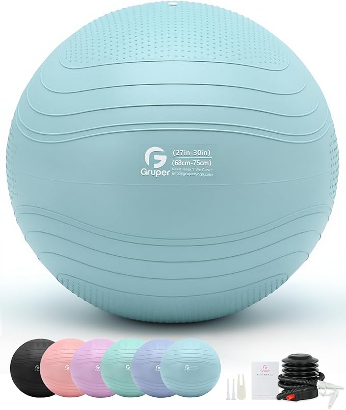 Gruper Yoga Ball, Extra Thick Exercise Ball for Workout Pregnancy Stability - 4 Sizes Anti Burst Balance Ball for Yoga, Pilates, Fitness, Birthing, Physical Therapy - Includes Pump