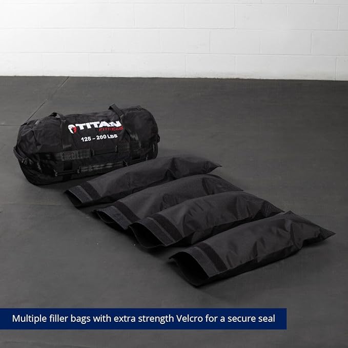 Titan Fitness 125-200 LB PRO Strongman Sandbags, Double Layer, 1050D Cordura, Black, Carry Home Gym Training