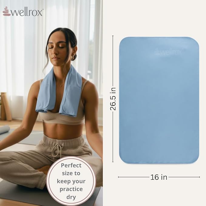 Wellrox Microfiber Yoga Hand Towel – Super Soft, Quick-Dry, Non Slip Yoga Towel for Hot Pilates, Gym & Workouts (26.5" x 16", Blue)