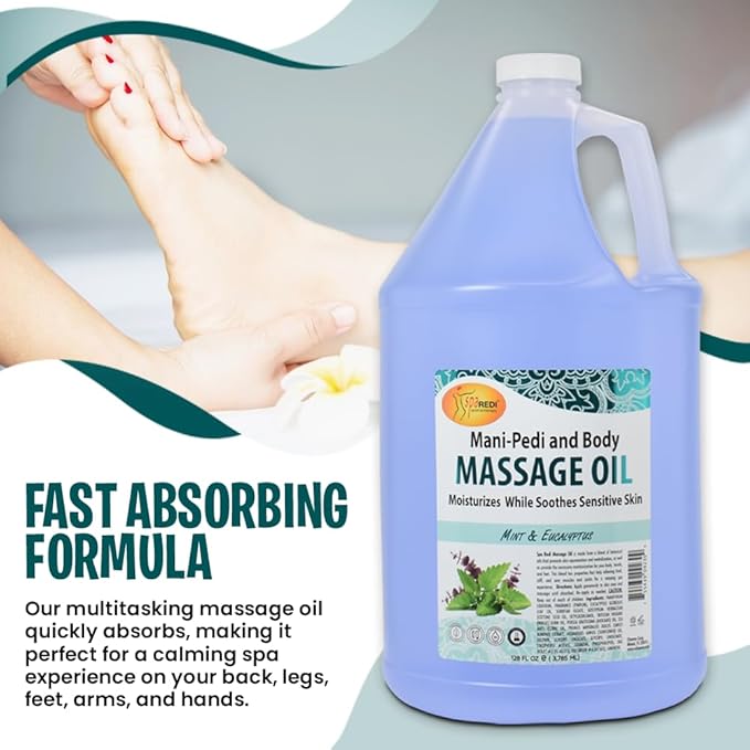 SPA REDI - Massage Oil, Mint Eucalyptus, 128 Oz - Professional Pedicure, Manicure, Body Massage Therapy, Made with Almond Oil, Cotton Seed Oil, Sunflower Oil, Avocado Oil, Essential Oils, Vitamin E
