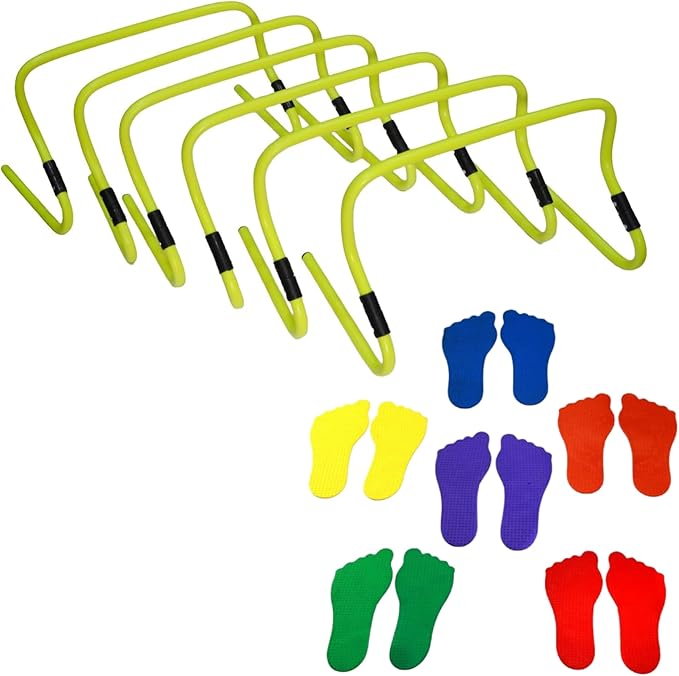 Kids Obstacle Challenge Training Bundle –Dual Height Agility Hurdle Pack of 6 – Adjustable 6" & 12" Training Hurdles with Feet Spot Markers Set of 6 Pairs Non-Toxic Non-Slip in Assorted Colours for Ki