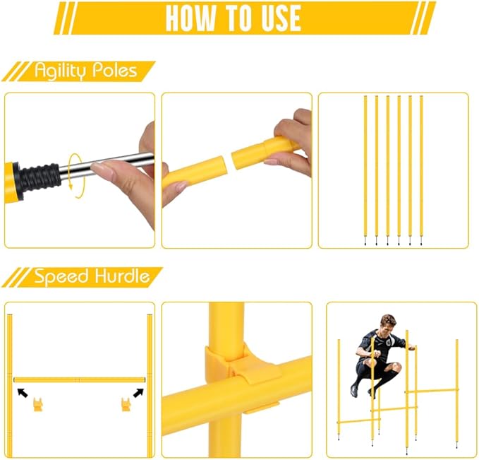 Agility Training Set: 3 Adjustable Speed Hurdles, 6 Agility Poles, 1 Agility Ladder, 12 Soccer Cones & Jump Rope, Multi-Function Soccer Training Equipment for Athletes, Amateurs, Youth