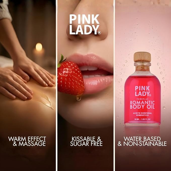 PINK LADY Romantic Body Oil Strawberry and Champagne - 1.90 fl oz / 56 ml - Kissable Warming Body Treat for Foreplay Fun, Water Based