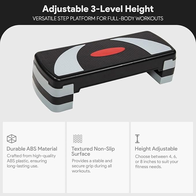 Adjustable Aerobic Step Platform, 4/6/8 Inch Height with Non-Slip Surface, Supports 400 lbs for Home Workouts, Cardio, and Step Training - Gray/Black