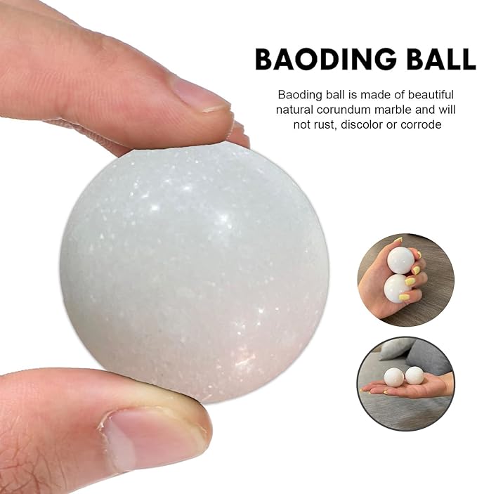 Natural Marble Baoding Chinese Meditation Balls, Stress Relief Hand Exercise Therapy Set with an Upgraded Shockproof Imitation Wood Box, 2-Piece Set,White Medium-1.57"