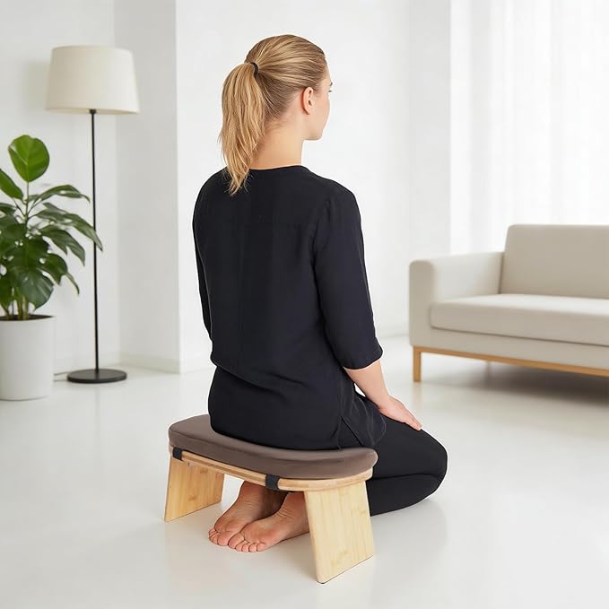 Bamboo Meditation Bench,Portable Bamboo Meditation Stool with Meditation Cushion, Foldable & 5°Ergonomic Tilt Kneeling Meditation Yoga Stool-396.83lbs Max. Load Capacity (Brown)