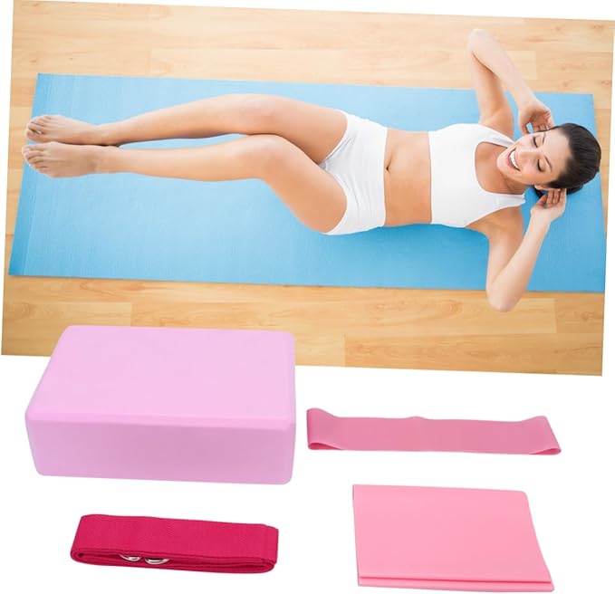 POPETPOP 1Set Yoga Tool Kit Includes Yoga Brick Resistance Ring Stretch Band and Towel Lightweight and Durable Fitness Accessories for Home Gym Pink Color
