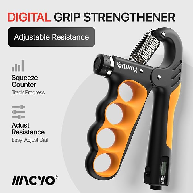 MACYO Grip Strength Trainer with Wider Handles - Adjustable Hand Grip Strengthener 11-220Lbs(5-100KG) for Large Hands, Automatic Counter & Ergonomic Design, Comfortable Forearm Workout for Athletes, Injury Recovery