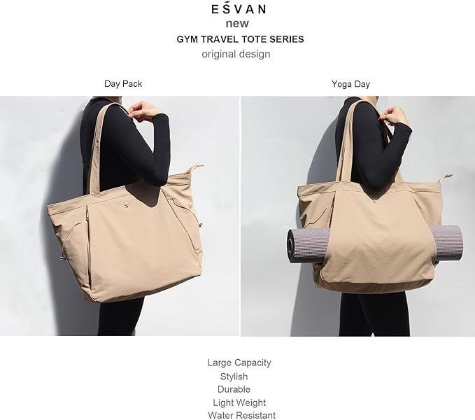 ESVAN Yoga Tote Bag for Women Shoulder Bags Drawstring for Office Workout Travel Carryall Pilates Gym and Beach