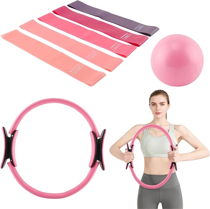 Pilates Ring and Ball Set with Resistance Bands, 14'' Circle Ring, 9.8” Pilates Ball and 5 Resistance Bands Home Workout Kit for Women Training Core, Full Body Exercise