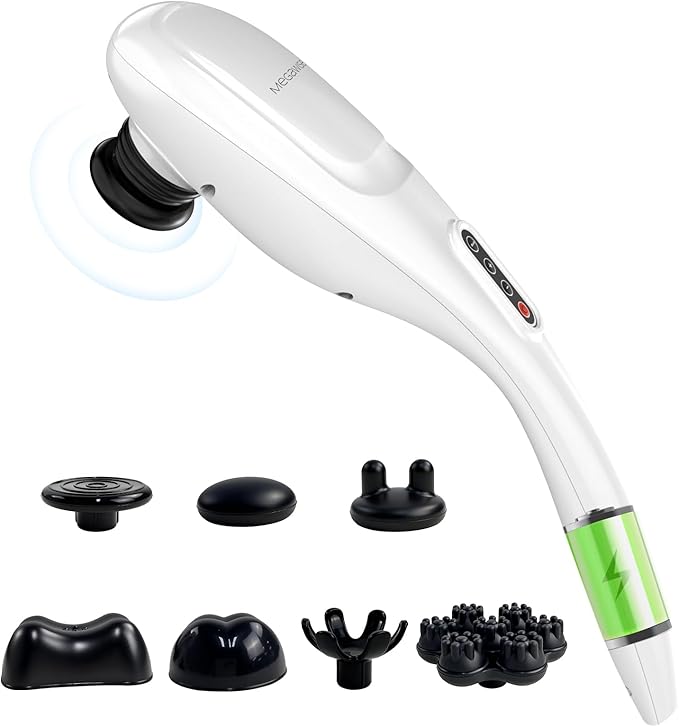 MEGAWISE Cordless Back Massager for Shoulders, Waist, Legs, Rechargeable 3200mAh Battery, 5 Speed and 5 +2 Massage Nodes 5 Hard, 2 Silicone Nodes, Massage While Moving Around (Off White Cordless)