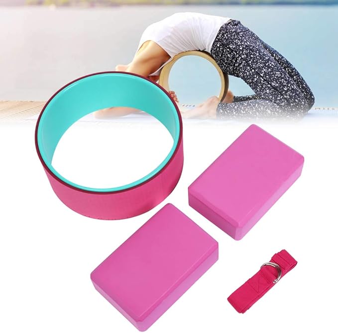 4pcs Yoga Fitness Set with Yoga Wheel, Yoga Blocks and Stretch Strap, Premium ABS EVA Cotton Stretching Kit for Back Pain Relief and Deep Flexibility Training