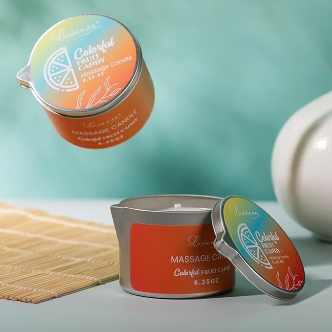Massage Candle-Low Temp Scented Soybean Oil-Heat Therapy Body Oil Lotion Candle-Natural Shea Butter Massage Oil for Couples-6.35 OZ (Colorful Fruit Candy Scent)