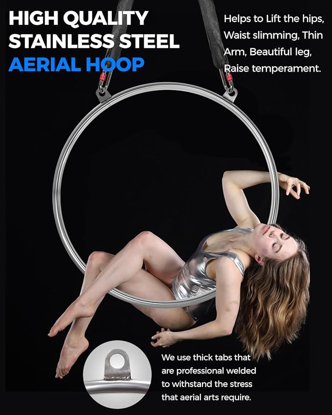 DASKING Professional Double-Ear Aerial Hoop Kit - 80/85/90cm x 32mm Lyra, 2-Ton Safety System & Anti-Slip Grip Stainless Steel