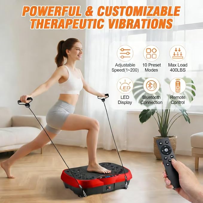 ALSO GO Vibration Plate Exercise Machine, 10 Modes & 200-Level Vibration Platform for Weight Loss/Lymphatic Drainage, 400lbs Vibration Board with Music and Resistance Bands for Full Body Workout, Red