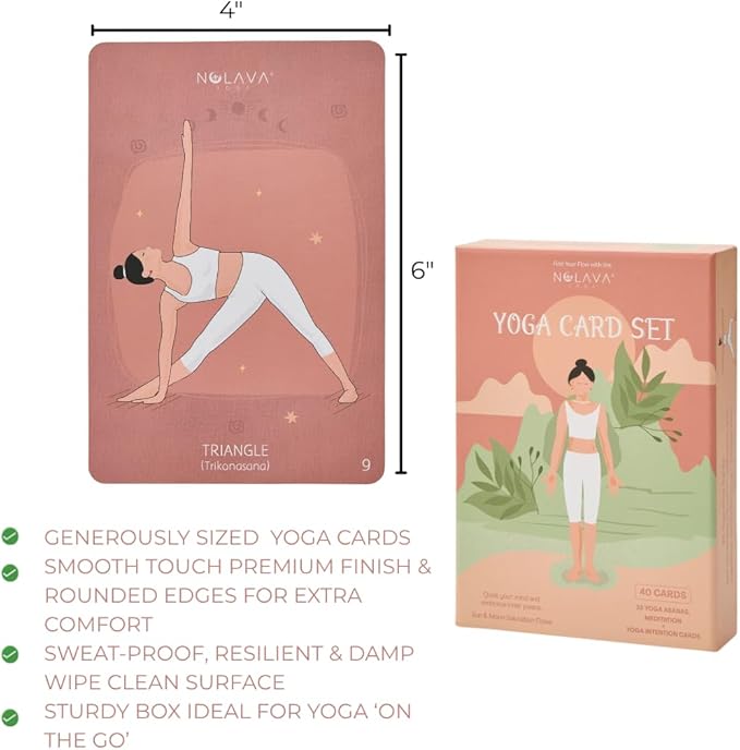 NOLAVA Yoga Card Gift Set – Large 4"x6" Yoga Cards with 30 Poses, 10 Intentions, Sun/Moon Flows & Guided Meditation – Sweat-Proof, Wipe-Clean Deck with English + Sanskrit – Perfect Yoga Gift for Women