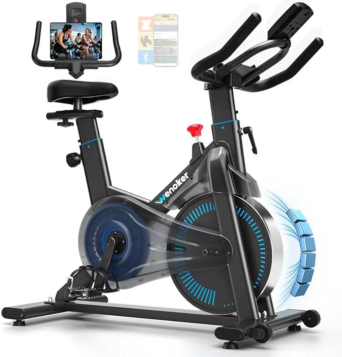 Exercise Bike, Wenoker Magnetic Stationary Bike for Home App Sync Indoor Bike with Adjustable Seat and Handlebar, Transport Wheels and Fitness Courses for Weight Loss