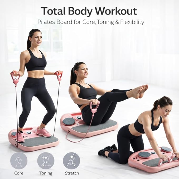 Pilates Exercise Board for Women – Adjustable Resistance Home Workout Board with Resistance Bands, Full Body Toning, Core Strength & Flexibility Training for Indoor Fitness