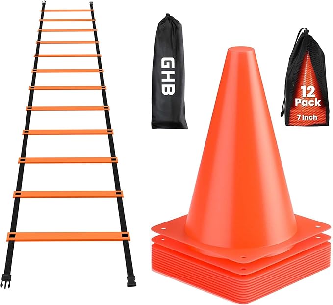 GHB Agility Ladder 1 Pack and 7 Inch 12 Pack Soccer Cones 2 Carrying Bag