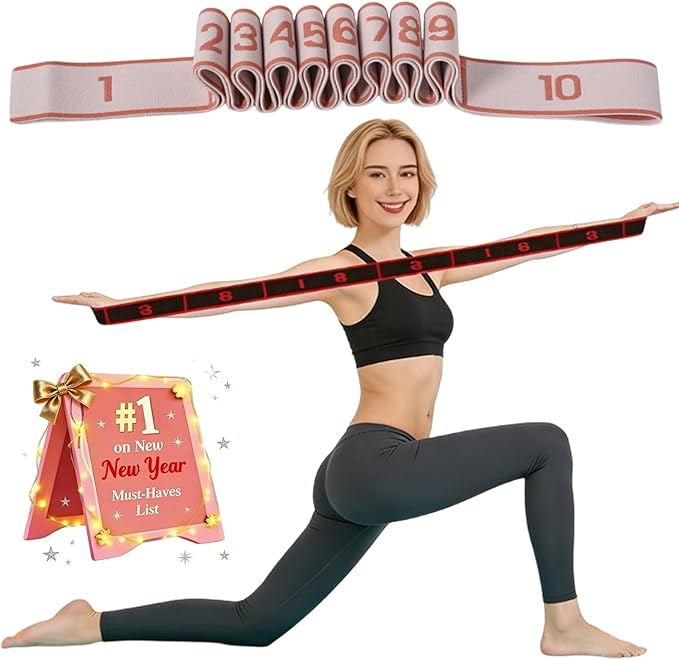 Fitness Resistance Band for Stretching and Yoga, Numbered Elastic Exercise Bands with Handles, Adjustable 8/10/12-Loop Design for Full Body Stretching and Pilates