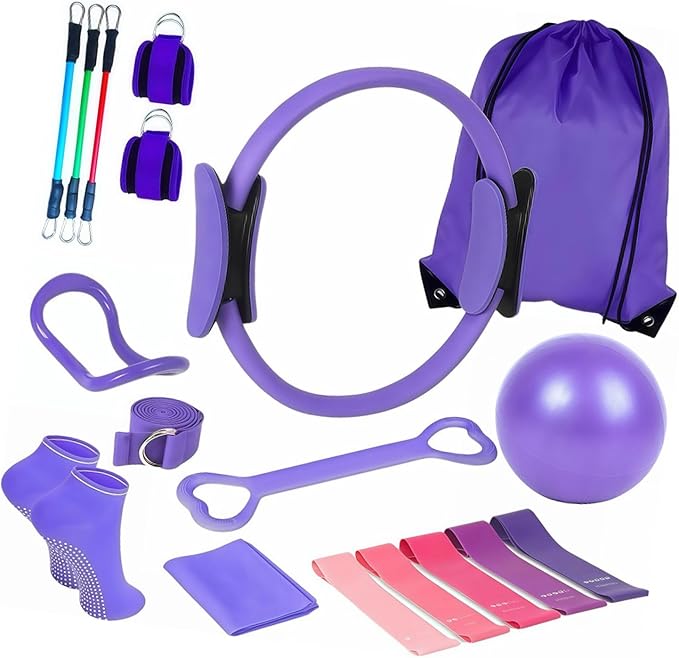 Women's Fitness Exercise Set Pilates Ball Rings and Band with Nonslip for Home Exercise and Flexibility Pilates Rings and Ball Set for Flexibility