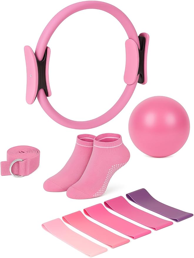 Pilates Equipment Kit for Women, Magic Circle Ring with Mini Ball, Multi Level Resistance Bands, Stretch Strap and Grip Socks, Women’s Day Gift