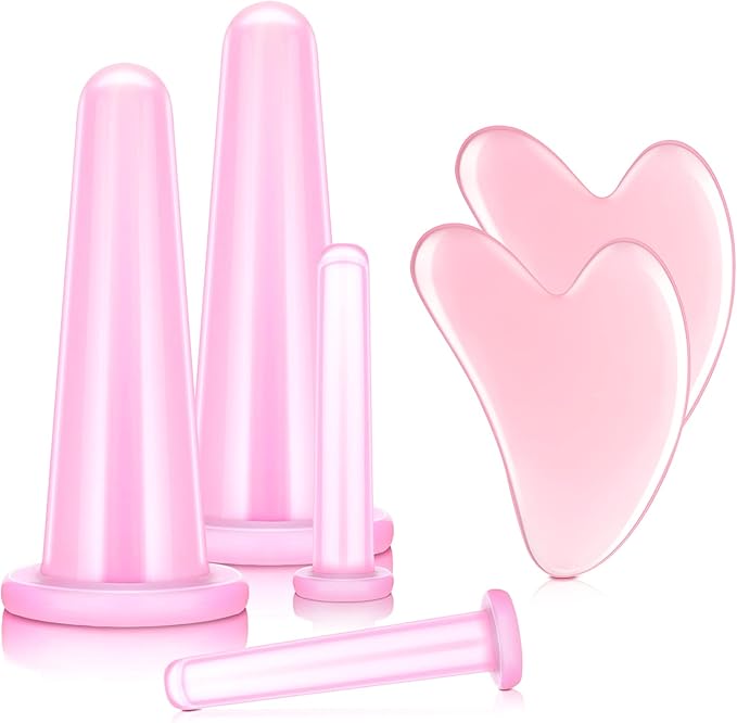 Nuanchu 4 Pieces Facial Cupping Massage Cups & Gua Sha Boards Set, 2 Pcs Gua Sha Massage Tool Facial Tool Heart Shape Guasha Scraping Board for Face Eyes Neck Back (Pink)