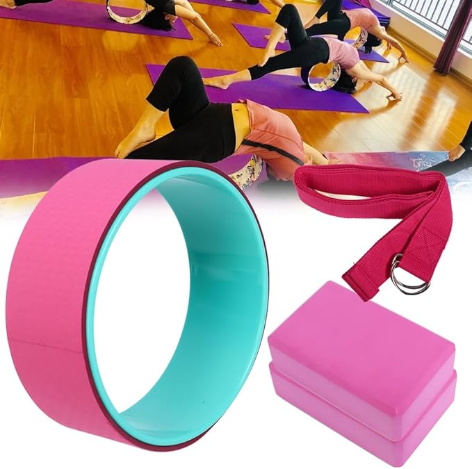 Yoga Wheel Set, 4 in 1 Yoga Wheel Yoga Block Yoga Stretch Belt Strap,Perfect Yoga Accessory for Stretching Massage and Improving Backbends Back Pain, Yoga Starter Kit for Beginner