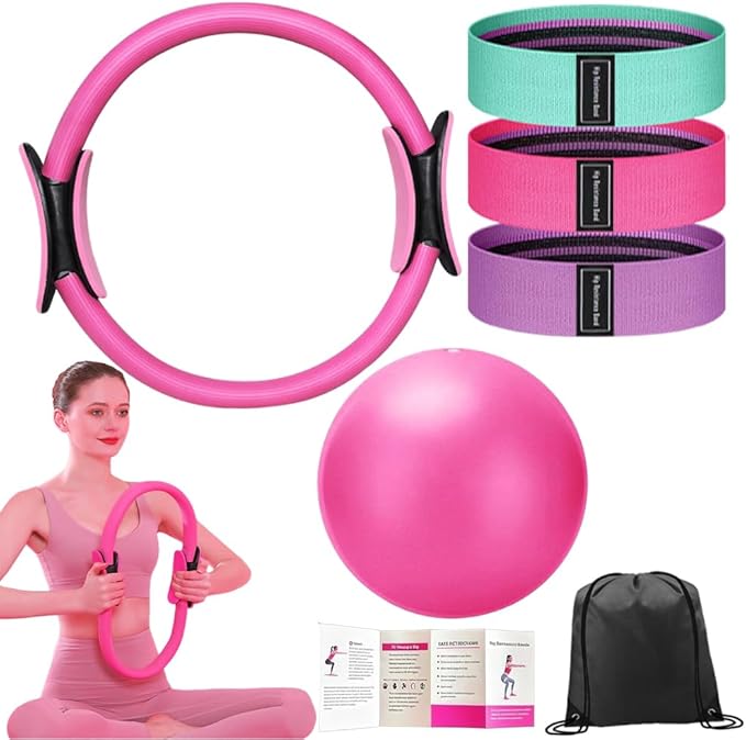 Pilates Ring Set with 14-Inch Magic Circle, Exercise Ball & 6 Resistance Bands - Complete Home Workout Equipment for Core Strength, Toning and Flexibility - Ideal Fitness Gift for Women and Men