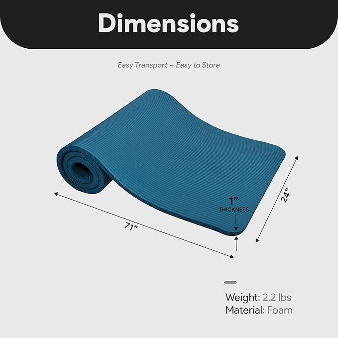 BalanceFrom 71x24 Inches Extra Thick Yoga Mat 1-Inch High-Density Foam – Roll-Up Exercise Pad with Double-Sided Non-Slip Surface and Carrying Strap for Pilates and Home Workouts, Multiple Colors