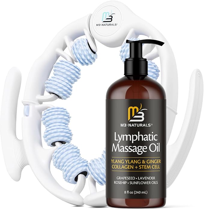 Lymphatic Massage Oil & Roller Kit for Massage Therapy - Ylang Ylang & Ginger Lymphatic Drainage Oil & Massager for Circulation & Detox Support, Non-Greasy Formula & Easy to Use Roller (8 Fl Oz) by M3