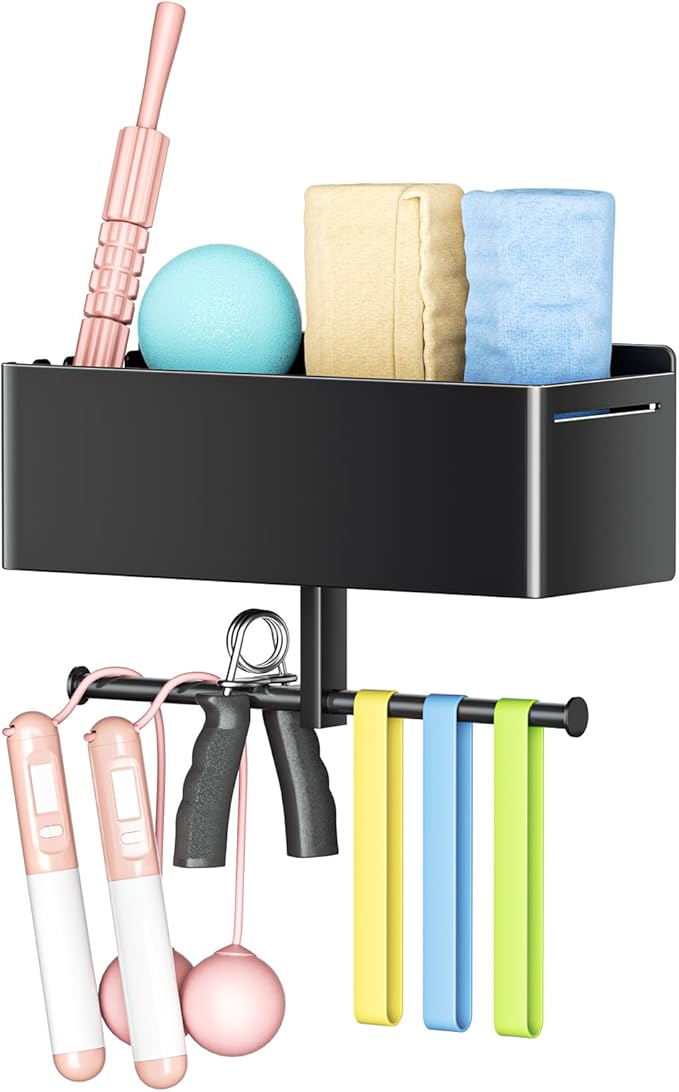 Home Gym Wall Storage, White Resistance Bands Rack Hanger Metal, Wall Mounted Fitness Bands Holder, Multi-Purpose Heavy Duty Workout Gym Storage Rack for Resistance Bands, Straps, Jump Ropes (Black)