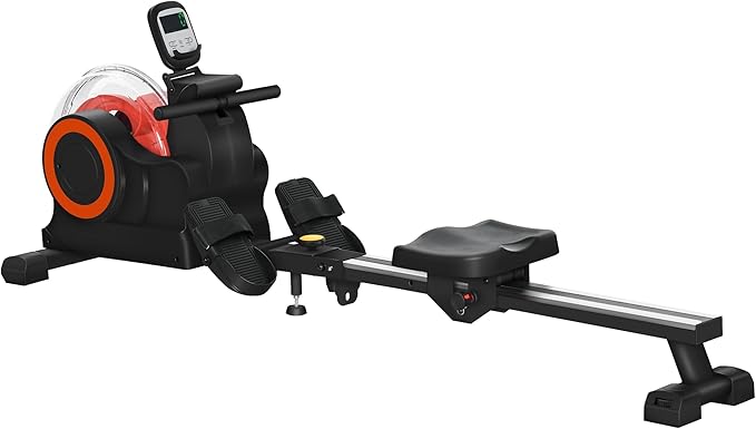 Water Rowing Machine for Home, Foldable Rower Machine with Adjustable Water Resistance, LCD Monitor, Tablet Holder and Transport Wheels for Home Cardio Training 264 lbs Weight Capacity Red