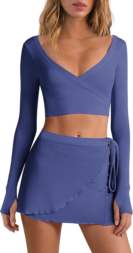 Nirovien Womens 2 Piece Workout Sets Sexy Pilates Outfits Athletic Gym Yoga Sets Ballet Wrap Top and Skirt
