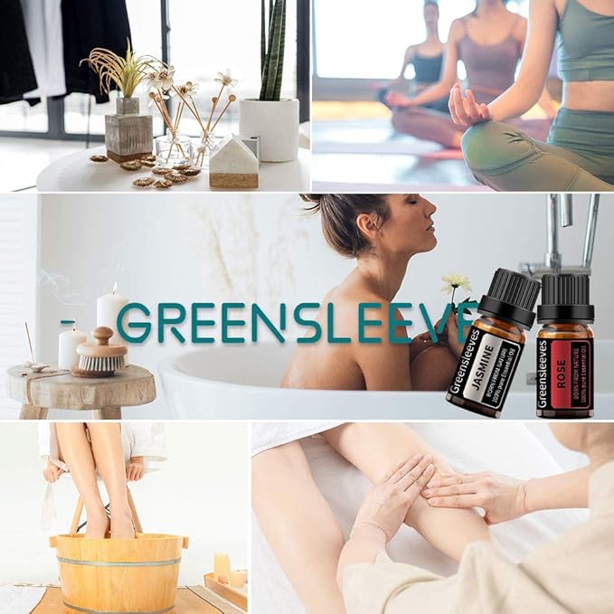 GREENSLEEVES Rose Jasmine Essential Oil Set, 2 x 10ml Pure Plant-Based Fragrance Oil for Aromatherapy, Essential Oils for Diffuser, Massage, Bath Bomb, Scented Candle Soap Making
