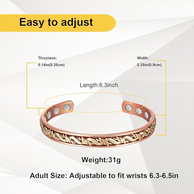 Copper Magnetic Bracelet for Women for Arthritis, Pure Copper Three-Color Gold Braid Adjustable Bracelet, Magnetic Jewelry Present(1072SGR)