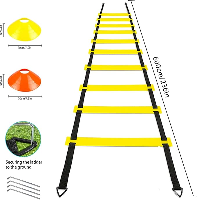 Agility Training Set for Soccer & Football - 20FT Speed Ladder, 12 Cones, and Training Aids for Kids Youth Sports Practice, Footwork Drill Kit