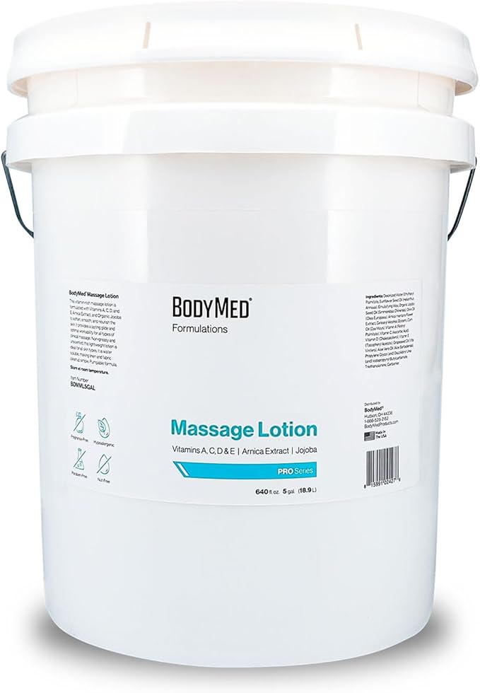 BodyMed Formulations Massage Lotion, 5 gal. – Fragrance-Free, All-Natural Lotion for Massage Therapy – Leaping Bunny Certified – with Arnica Extract & Jojoba – Non-Staining, & Paraben Free