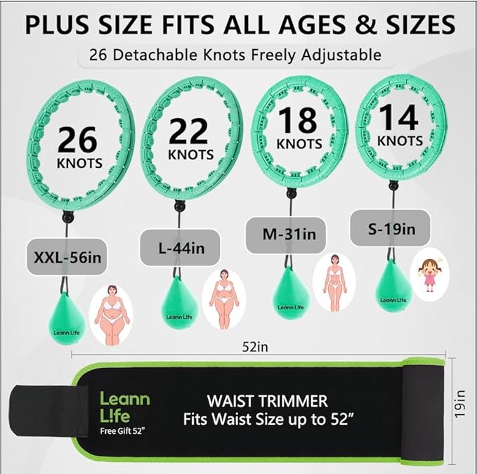 U2-26 Knots 19”- 56”, Weighted Hula Hoop for Adults Weight Loss, Infinity Hoop Plus Size, Children Adults Home Outdoors, Fun Fitness Exercise, Abdominal Toner,Free Waist Trimmer&Wash Bag