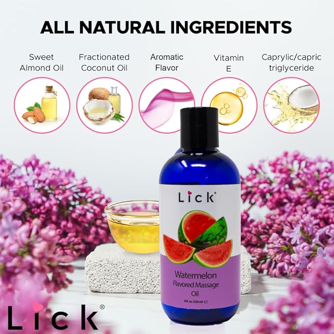 Lick Watermelon Flavored Massage Oil – Fresh Fruity Edible Massage Oil with Vitamin E, Smooth Non-Sticky Glide for Playful Couples Massage & Date Nights, 8 oz