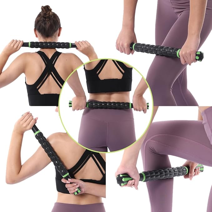 Muscle Roller Massage Roller Stick- Deep Tissue Fascia Blaster for Myofascial Pain Relief, Lymphatic Drainage & Body Sculpting, Handheld Physical Therapy & Recovery Tool (Green black-18 inch)