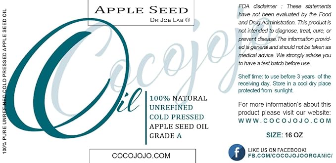 Apple Seed Oil - 16 oz - 100% Pure Unrefined Cold Pressed Extra Virgin Premium Grade Non-GMO Vegan Carrier Oil for Hair Skin Face Body Facial Cleanser Hydration Nourish Moisturize - Packaging May Vary