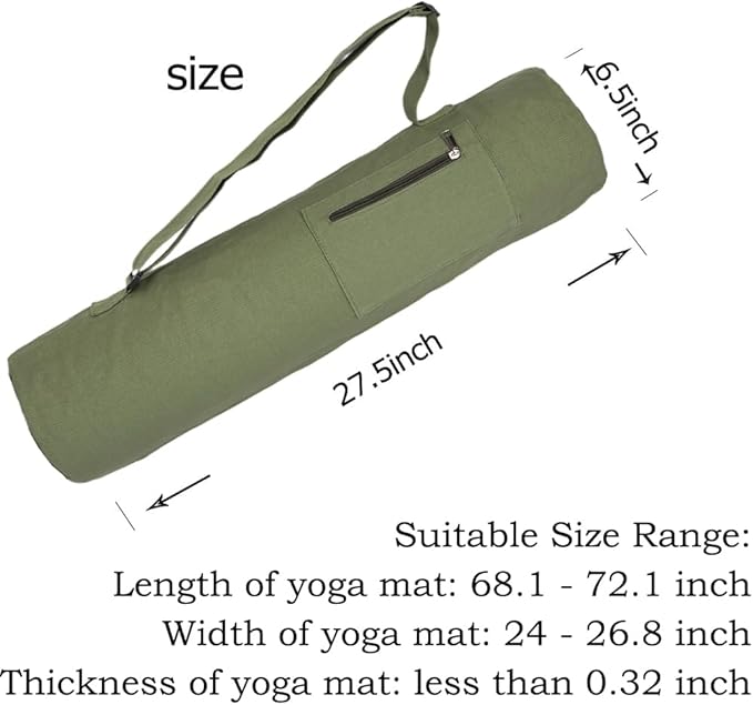 Cotton yoga mat bag with Pockets and Adjustable Strap - Full Zip Cargo Yoga Mat Carrier Bag - Bag for 1/4" 1/3" Thick Yoga Mat