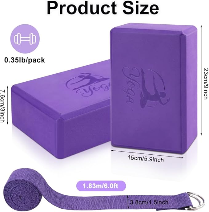 2 Yoga Block and 2 Yoga Strap Set,Non-slip EVA Foam Blocks, High Density Yoga Bricks with 6ft Strap, Supportive Latex-Free Yoga Block Accessories for Pilates