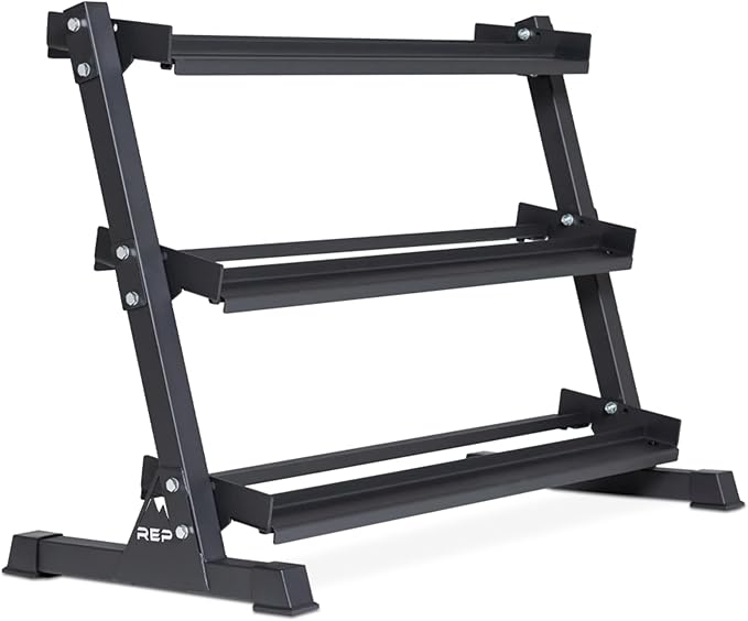 Rep Fitness Dumbbell Rack | 3-Tier Compact Holder | Fits Sets 5-50 lb | Weight Storage Stand | Rubber Hex Organizer | Free Weights Shelf | Heavy Duty Steel Frame | Gym Equipment for Home (Metallic Black)