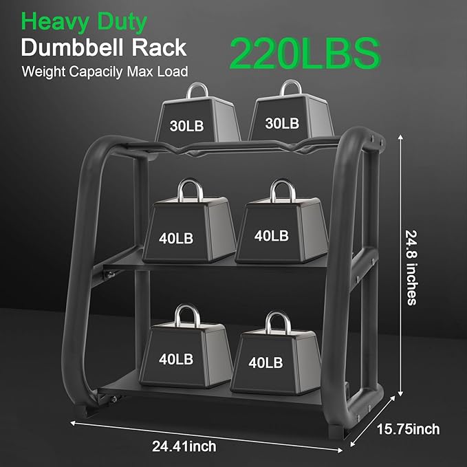 Heavy Duty Dumbbell Stand, 3-Tier Weight Rack, 220LB Capacity, Black Steel Home Gym Organizer, Dumbbell Rack Stand for barbells, and kettlebells, Weight Storage Holder for Home, Office, Gym