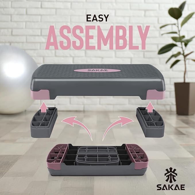 SAKAE Step Aerobics Platform Set with Dumbbells & Measuring Tape, Aerobic Steppers for Exercise at Home, Adjustable Height 2 Level Risers Workout Step Trainer with Non-Slip Surface, Multiple Colors